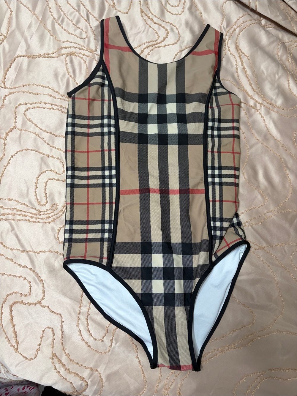 Burberry Plaid One-Piece Swimsuit - Beige